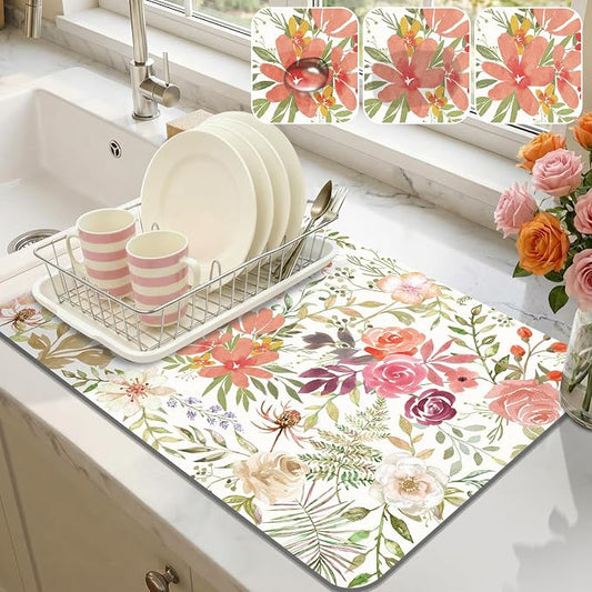 LOKHOM Dish Drying Mat for Kitchen Counter, 12"x20" Absorbent Coffee Bar Mat with Pink Roses Petals , Dish Drainer Rack Mats for Kitchen Counter Coffee Maker Coffee Pot Dining Room Decoration