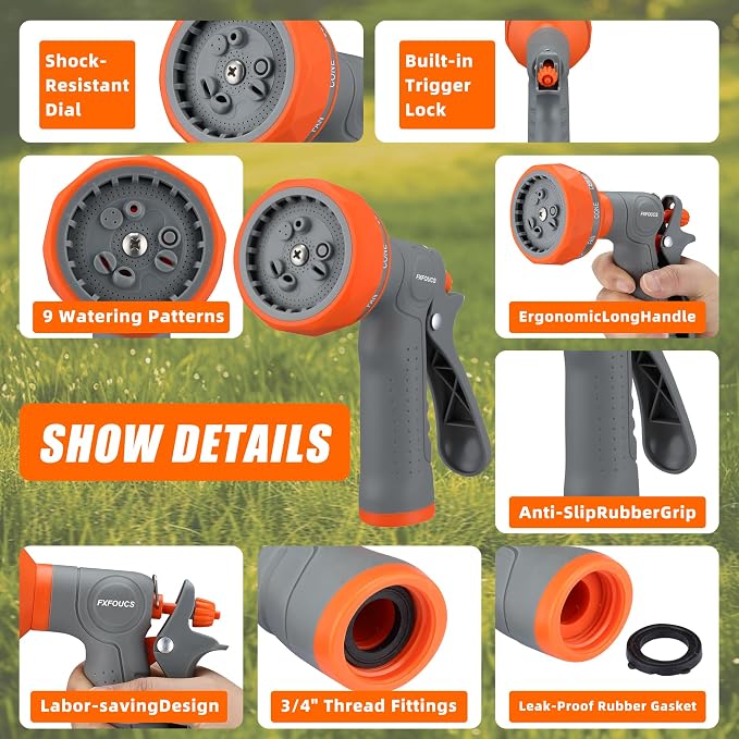 Garden Hose Nozzle Sprayer - 9 Spray Patterns, On Off Valve Heavy Duty Hose Sprayer Nozzle for Watering Plants & Lawns, Washing Cars & Pets - Outdoor Water Hose Nozzle Head Attachment
