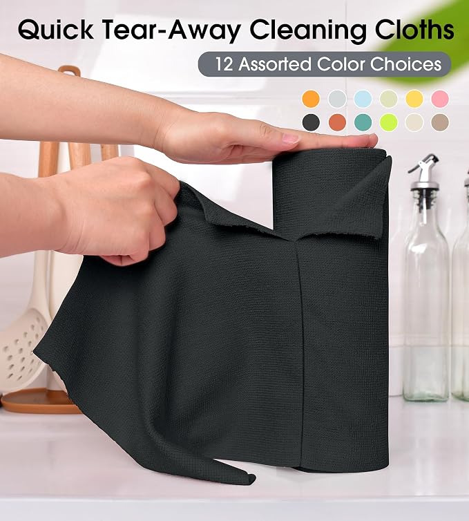 KitchLife Microfiber Cleaning Cloth Roll - Tear-Away Reusable Microfiber Paper Towels, Lint-Free, Washable, 20 Sheets for Kitchen, Car, Dishes, and Sensitive Surfaces (Black)