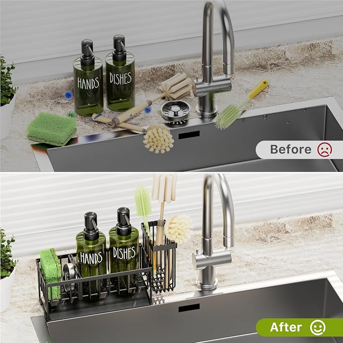 MASADI Kitchen Dish Soap Dispenser Set with Sponge Holder, 12OZ Glass Bottle, Hand and Dish Soap Dispenser Set, Non-Slip Silicone Pad, Brush Holder, Kitchen Sink Organizer Countertop (Black+Green)