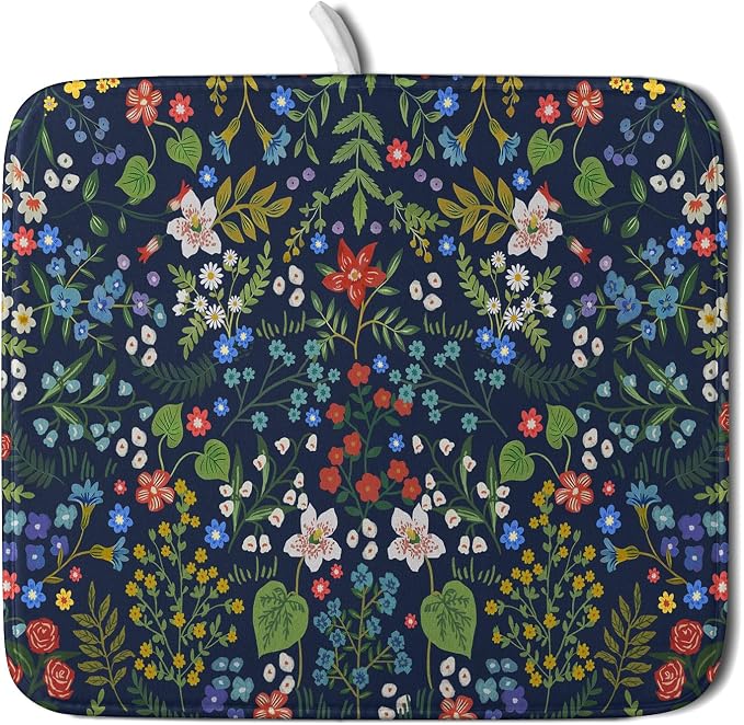 Flower Floral Dish Drying Mat Microfiber Navy Blue Absorbent Drying Pad for Kitchen Counter Small