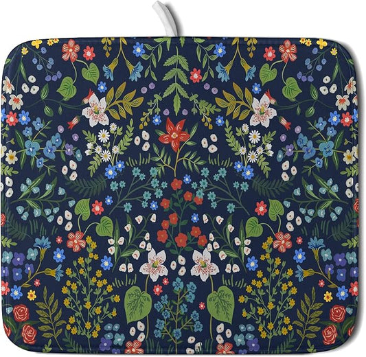 Flower Floral Dish Drying Mat Microfiber Navy Blue Absorbent Drying Pad for Kitchen Counter Small