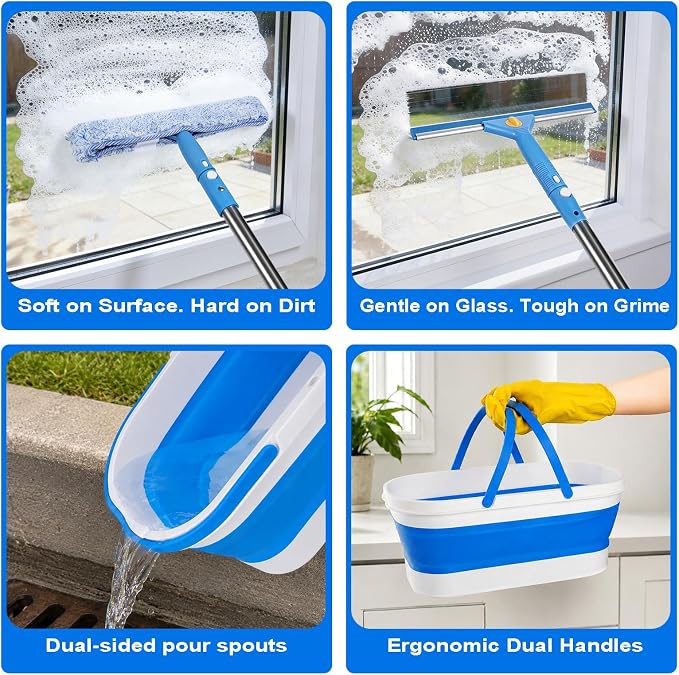 Window Cleaning Kit, Window Washing Kit with 3 Gallon Collapsible Bucket, 14-Inch Squeegee & 15-Inch Scrubber, 76-Inch Extendable Pole, Window Washing Equipment for Home & Commercial (76 inch)