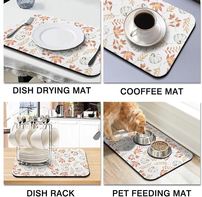 Fall Dish Drying Mat 2-Pack in White Pumpkin for Kitchen Counter Dishes | Diatom Mud Mats (18x24, 19.5x12"). Non-slip rubber back for kitchen counter, coffee bar & sink scenes