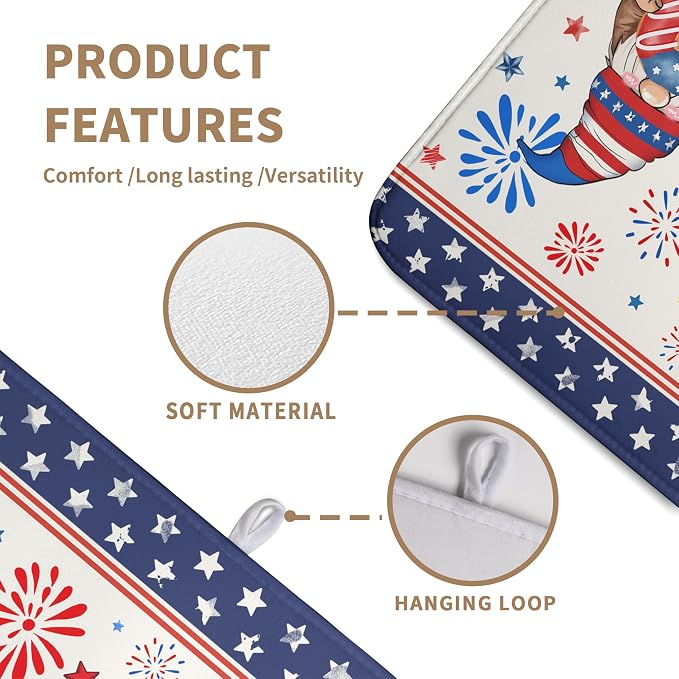 4th of July Dish Drying Mats for Kitchen Counter 18x24 In Memorial Independence Day Patriotic Gnome Stars Microfiber Drying Mat Fourth of July USA Super Absorbent Dish Rack Mat Drying Pad