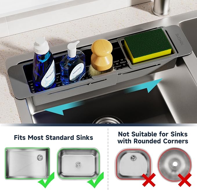 NiHome Extendable Over Sink Kitchen Organizer, Small Telescopic Brush Storage Rack for Sponge, Non-Slip Pads Expandable Sink Caddy, Adjustable Sponge/Brush Rack with Drainage Durable ABS (Dark Gray)