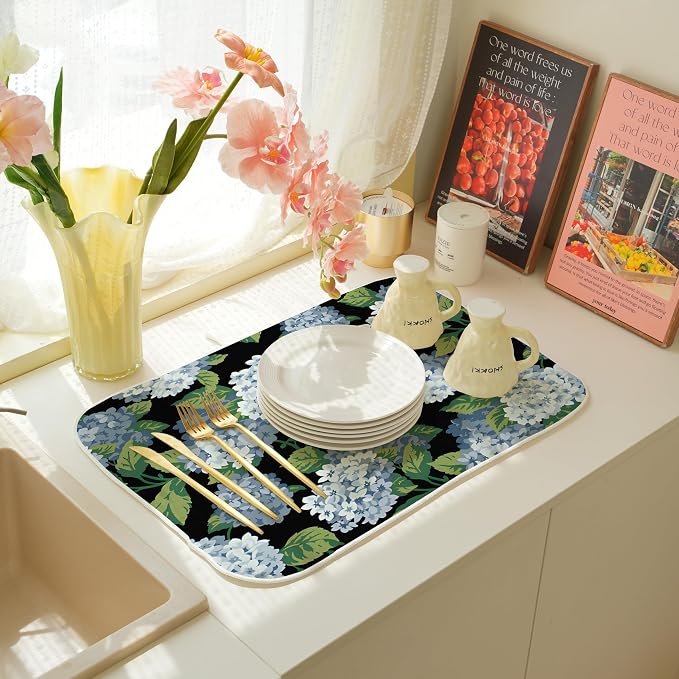 Spring Floral Dish Drying Mat 18x24 Inches For Kitchen Counter Absorbent Black Blue Hydrangea Flower Kitchen Decoration Summer Floral Drying Mat Pad For Home Kitchen,Dining Room,Office Decor