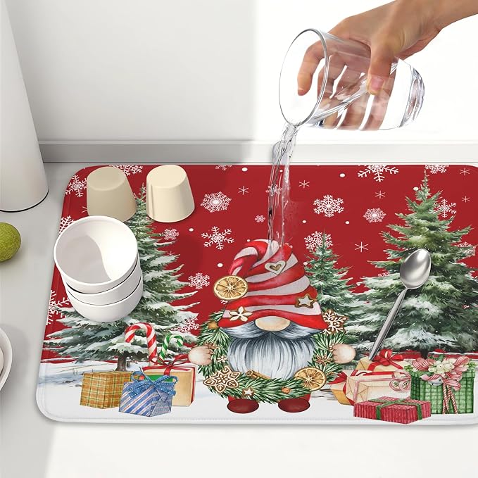 Christmas Dish Drying Mat for Kitchen Counter, Merry Christmas Dish Drying Mat 18 x 24 Inch Xmas Gnomes Absorbent Reversible Microfiber Dish Drying Pad Kitchen Drying Mat for Coffee Bar