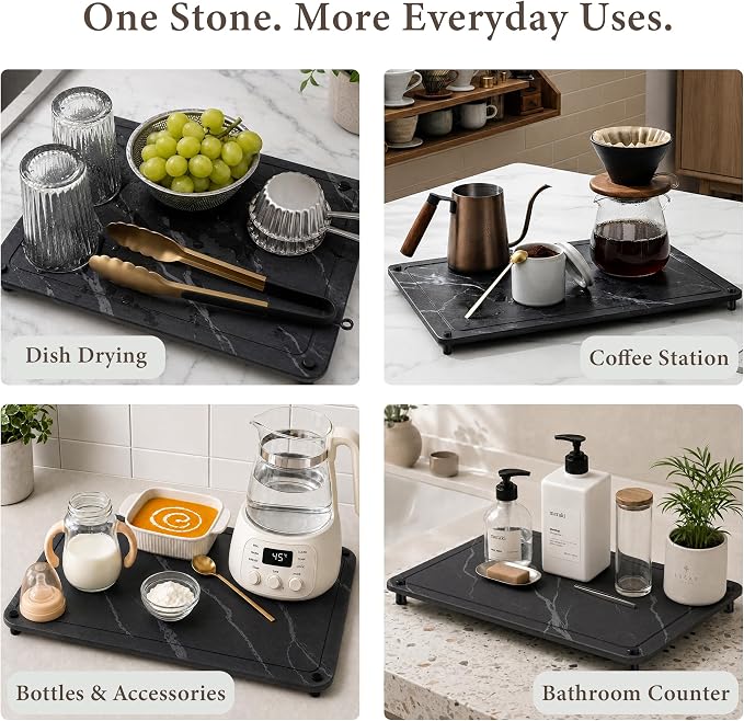 Large Stone Dish Drying Mat 24"x16", Black Stone Dish Drying Mats for Kitchen Counter, Diatomaceous Earth Dish Drying Mat, Quick Dry Dish Drying Stone Mat, Oversized Absorbent Board, Easy Clean