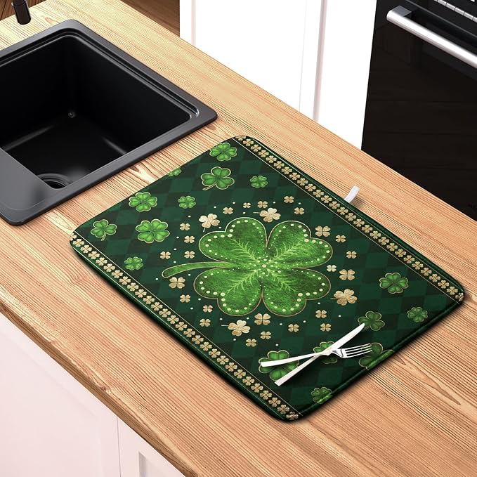 St Patricks Day Drying Mat for Kitchen Counter Shamrock Dish Drying Mats Lucky Clovers Green Plaid Dish Dryer Pad Absorbent Reversible Dish Drainer Rack Mat Kitchen Accessories 16x18 Inch