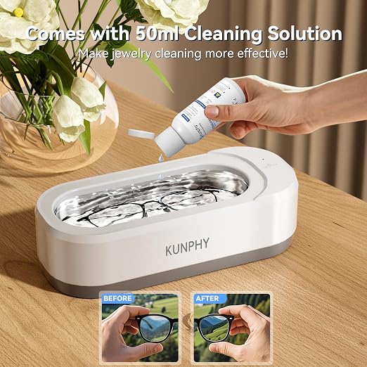 KUNPHY Jewelry Cleaner, 46KHZ, 12OZ Capacity, Ultrasonic Jewelry Cleaner with 50ml Solution, One-Touch Operation, Professional Ultrasonic Cleaner Idea for Silver, Gold Jewelry, Glasses, Rings, Diamond