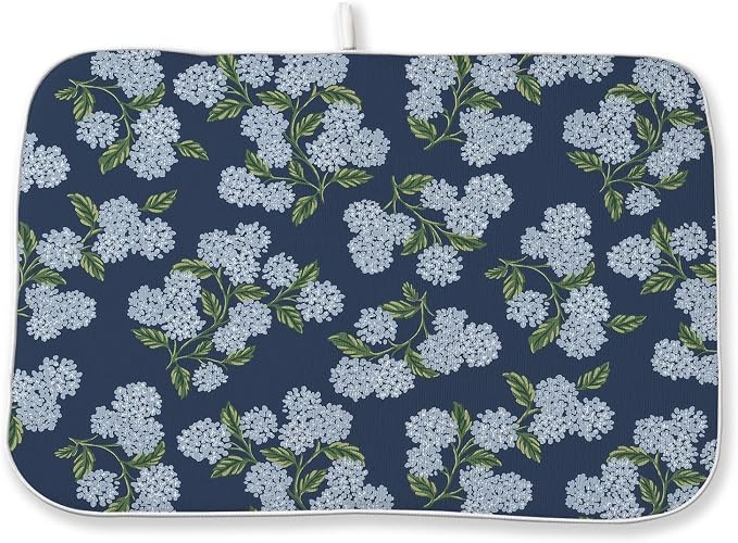 Navy Blue Dish Drying Mat 18x24 Inch Blue Green Vintage Floral Hydrangea Flower Drying Mat Spring Summer Seasonal Absorbent Dish Drying Pad Dish Rack Drainer Mats for Kitchen Dining Counter