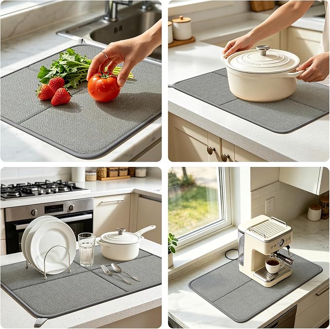 YDKGL Dish Drying Mat for Kitchen Counter, Ultra Absorbent & Fast Drying Dish Mat Machine Washable Foldable Drying Pad for Countertops, Sinks, Draining Racks, Grey