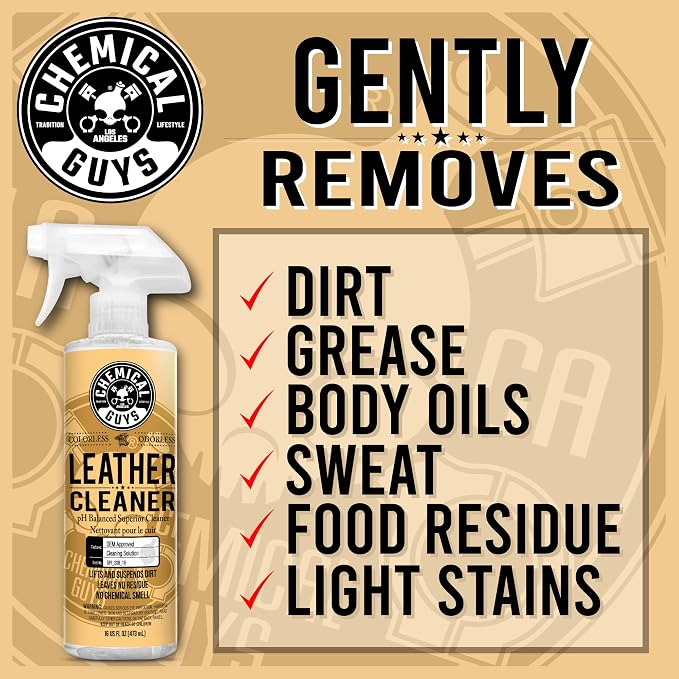 Chemical Guys, Colorless & Odorless Leather Cleaner, Car Interiors, 16 oz | Gentle, colorless cleaner lifts dirt from natural, synthetic and faux leather seats, furniture and apparel