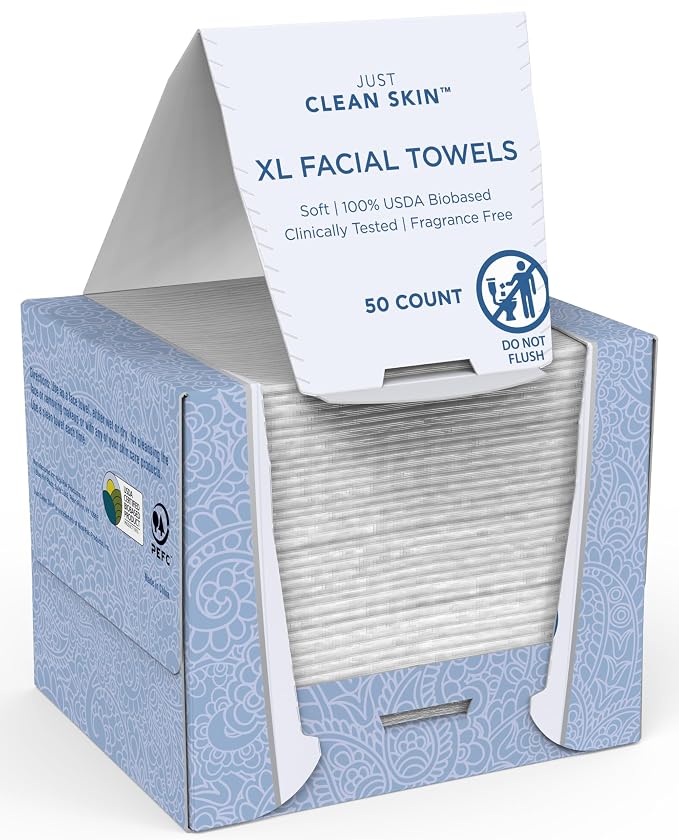 XL Dry Face Wipes (50 Ct, 1 Pack), Ultra-Absorbent Plant-Based Facial Towels, Disposable Makeup Remover Wipes for Face, No Fragrance, Hypoallergenic, 100% USDA Biobased, NEA Accepted