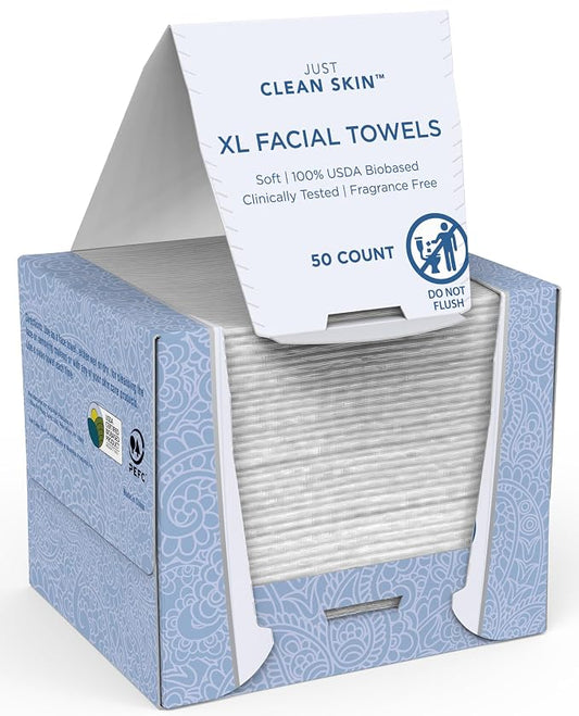 XL Dry Face Wipes (50 Ct, 1 Pack), Ultra-Absorbent Plant-Based Facial Towels, Disposable Makeup Remover Wipes for Face, No Fragrance, Hypoallergenic, 100% USDA Biobased, NEA Accepted