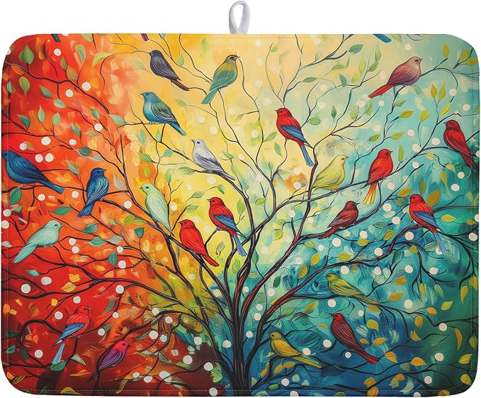 Dish Drying Mat for Kitchen Counter 18x24 Inch Summer Floral Birds Kitchen Drying Mat Fast Dry Absorbent Microfiber Dish Drainer Rack Pad Flower Mat for Countertop Decor