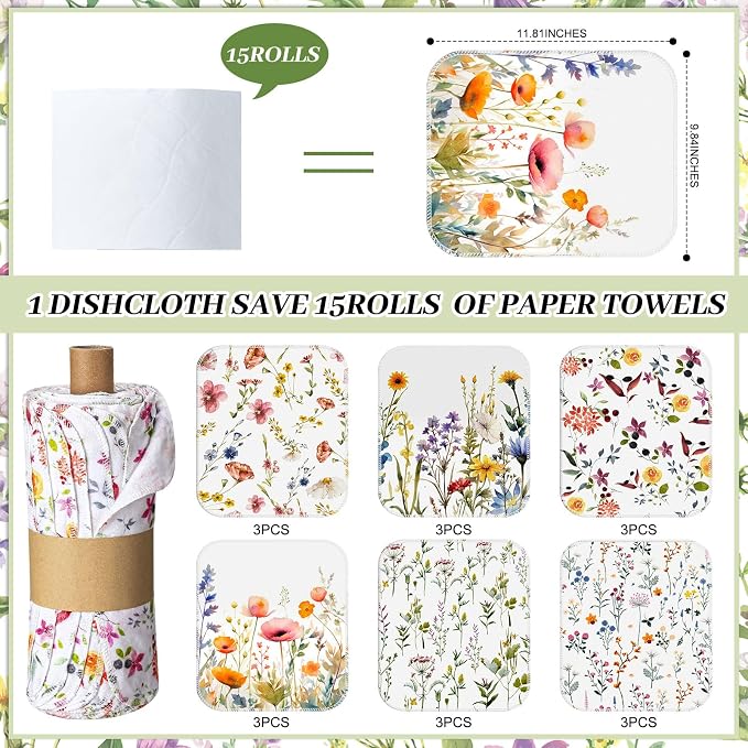 18 Pack Reusable Cleaning Cloths Washable Cotton Kitchen Dish Towels for Home Party Supplies Bulk, 9.84x11.81in (Wildflowers)