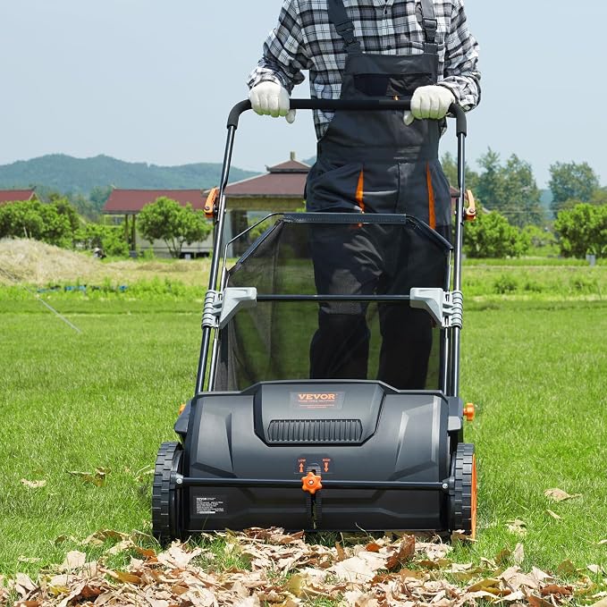 VEVOR Push Lawn Sweeper, 21inch Leaf & Grass Collector, Heavy Duty Thickened Steel Durable to Use with Large Capacity 3.5 cu. ft. Mesh Collection Hopper Bag, 2 Spinning Brushes | Adjustable Brush Height & 2 Spinning Brushes, Manual Yard Sweeper for Lea...