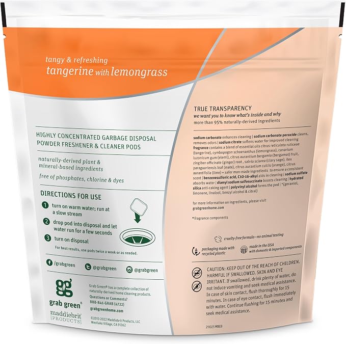 Grab Green Garbage Disposal Cleaner, 12 Pods, Tangerine Lemongrass | Freshens garbage disposals; Plant & Mineral-Based; Removes Odors; Loosens Grime; Helps prevent clogs