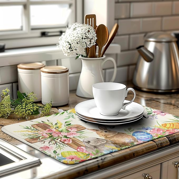 Easter He Is Risen Bunny Dish Drying Mat for Kitchen Counter Spring Easter Cross Floral Eggs Drying Pad 18x24 In Microfiber Absorbent Holiday Dishes Drainer for Kitchen Counter Tableware