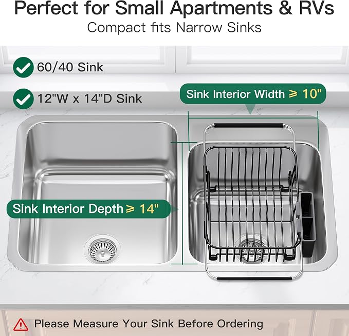 Apartment RV Small Dish Drainer Drying Rack Over The Sink In Stainless Steel for Narrow Kitchen, Counter Space Saving Compact Expandable Metal Plate Dryer Strainer, Black Adjustable Wire Drain Holder