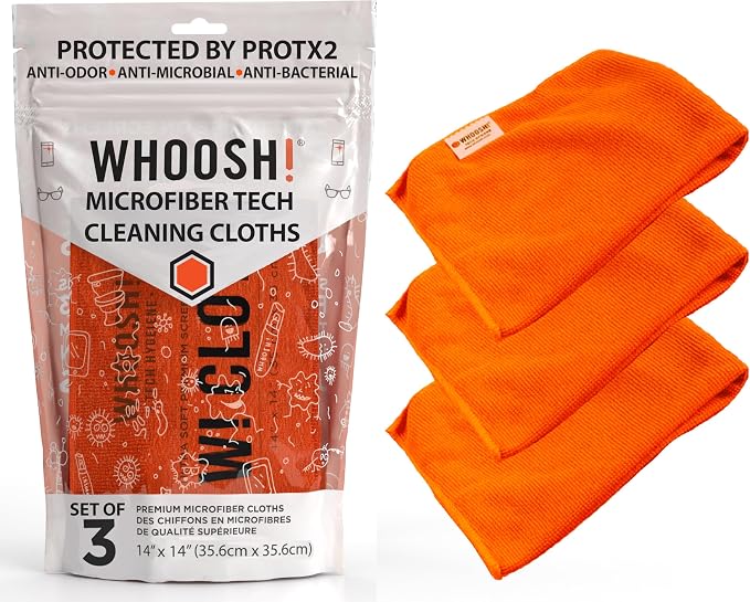 WHOOSH Microfiber Cleaning Cloth, 3 Pack, 14 x 14 in, Orange | Suitable for TV, Car Screen, Computer, MacBook and Watches, Machine Washable