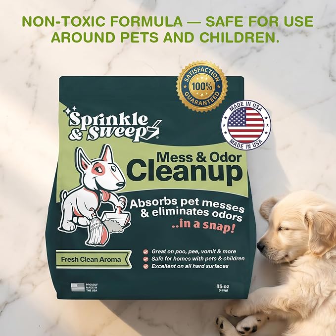 Sprinkle & Sweep: Pet Mess & Odor Cleanup Duo - 15oz Bag & Dustpan Broom - Dog Accident Clumping Powder, Remove Urine-Poop-Vomit from Hard Services