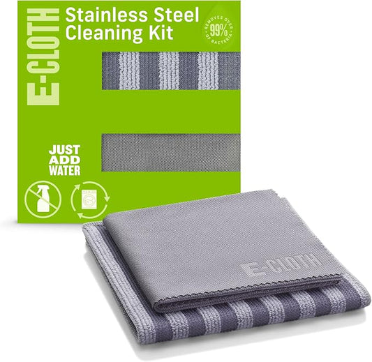 E-Cloth Stainless Steel Microfiber Cleaning Cloth Pack - Glass & Polishing + Stainless Steel Cleaner Cloth for Appliances, Cars & More, Reusable & Washable Microfiber Towels, Cleans with Water