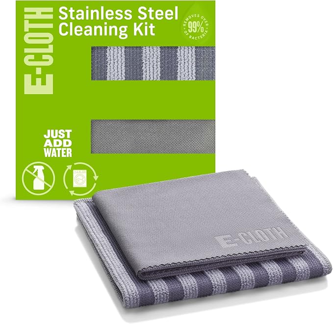 E-Cloth Stainless Steel Microfiber Cleaning Cloth Pack - Glass & Polishing + Stainless Steel Cleaner Cloth for Appliances, Cars & More, Reusable & Washable Microfiber Towels, Cleans with Water