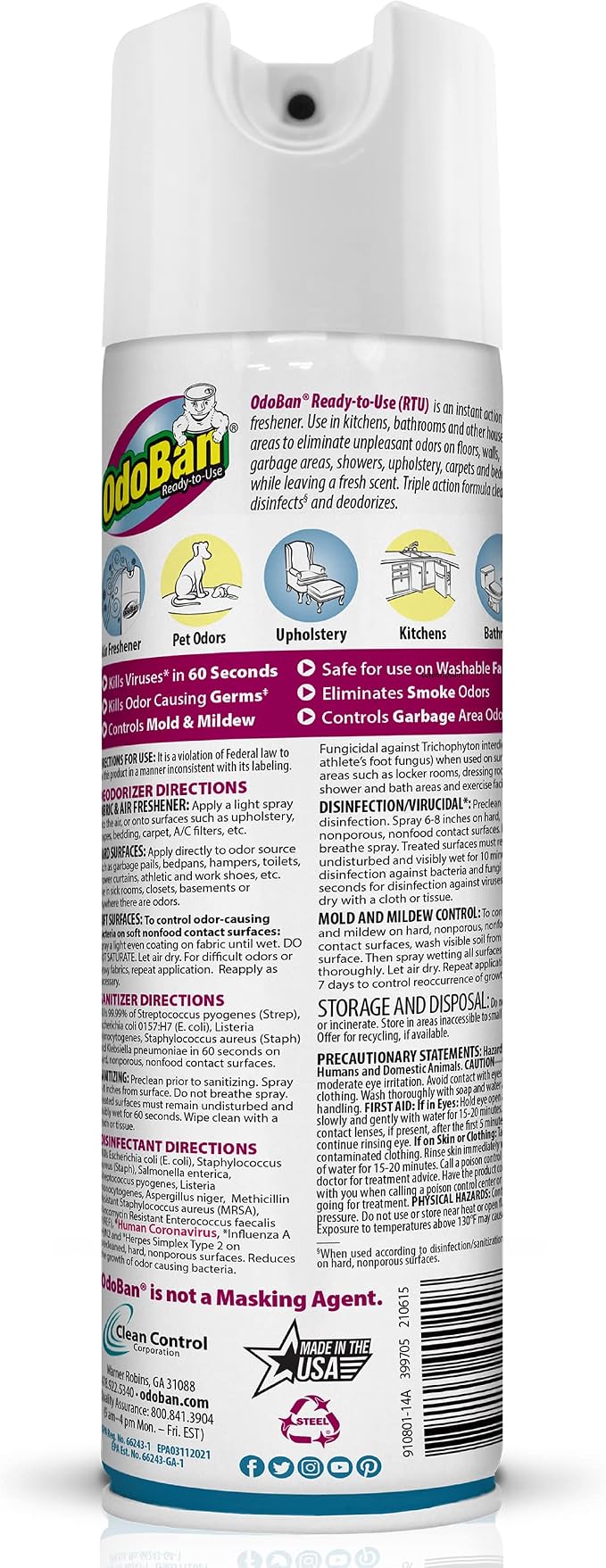 OdoBan Ready-to-Use 360-Degree Continuous Spray Disinfectant & Harsh Aroma Eliminator, Fabric & Air Freshener, Made in the USA, Cotton Breeze Scent, 14.6 Ounces, 6 Pack