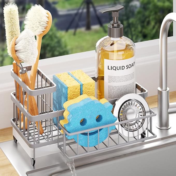 Consumest Sponge Holder for Kitchen Sink - Auto Draining Sink Caddy Organizer with Detachable Rack, High Brush Holder, Kitchen Countertop Storage Accessories, Grey