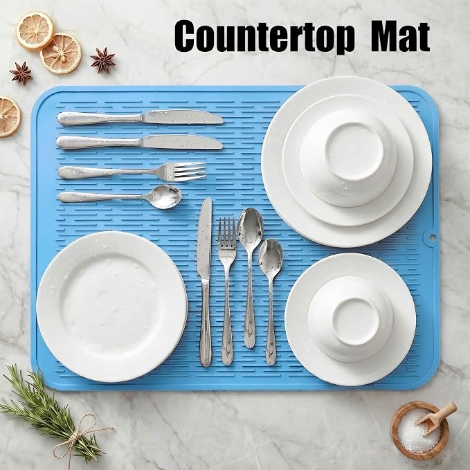 MicoYang Silicone Dish Drying Mat for Multiple Usage,Easy clean,Eco-friendly,Heat-resistant Silicone Mat for Kitchen Counter or Sink,Refrigerator or Drawer Liner Light Blue 2XL 24 inches x 18 inches