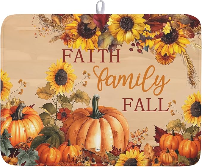 Fall Pumpkin Sunflower Dish Drying Mat 18”x24” Faith Family Fall Drying Mat for Kitchen Counter Absorbent Autumn Orange Pumpkins Thanksgiving Dishes Pad Drainer Mat Protector for Kitchen Fast Dry