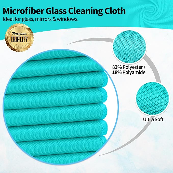 Microfiber Cleaning Cloth - 10 Pack Glasses Cleaning Cloth, 16" x 14" Window Cleaning Rags, Streak Free Lint Free Polishing Cloths Wipes for Eye Glass, Stainless Steel, Windshield, Turquoise