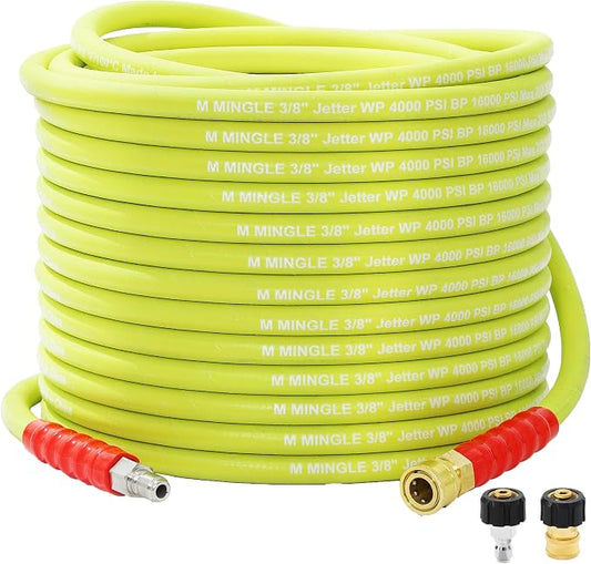 M MINGLE Pressure Washer Hose 50 FT x 3/8" - Replacement Power Wash Hose | M22 14mm to 3/8 Inch Quick Connect Fittings - Hot & Cold Water Use - Kink Resistant - 4000PSI