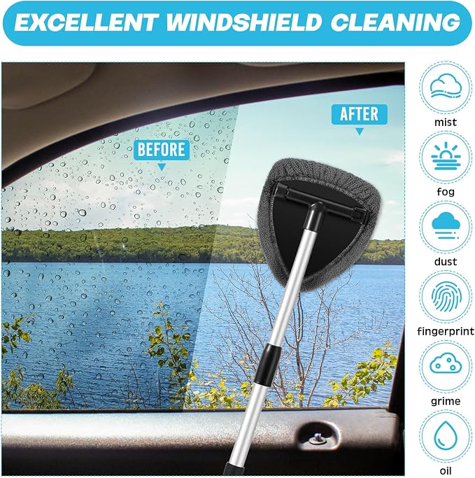 Potchen 8 Pcs Car Windshield Cleaner Tool Kit with Extendable Handle, Microfiber Towel Pads, Brush, Empty Spray Bottle for Auto Glass Wiper Suvs Rvs & Home Windows(Grey)