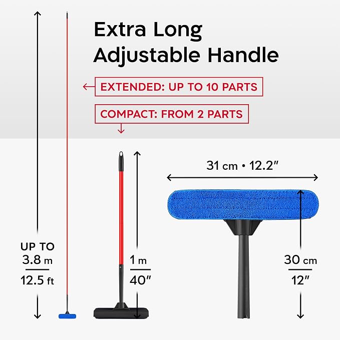 Tyroler Window Squeegee with Extension Pole 1-12.5ft | Window Cleaner Tool | | 10-Part Windows Washing Kit with Extension Pole | Professional Telescopic Window Squeegee for Home & High Glass