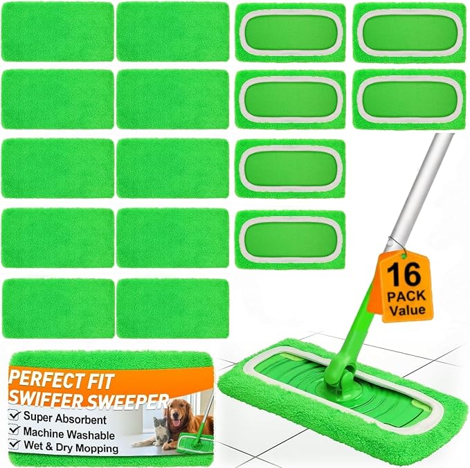 16 Pack Reusable Microfiber Mop Pads Compatible with Swiffer Sweeper, Washable Wet & Dry Mopping Pad Refills for Hardwood, Pet Hair, Laminate, Marble, Multi-Surface Floor Cleaning