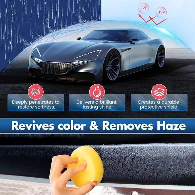 Plastic Restorer Spray for Car Exterior & Interior – 5oz (150ml) Kit with Applicator Sponge – Restores Black Trim, Door Panels, Bumpers & Vinyl Surfaces – Anti-UV, Water-Resistant, No Greasy Residue