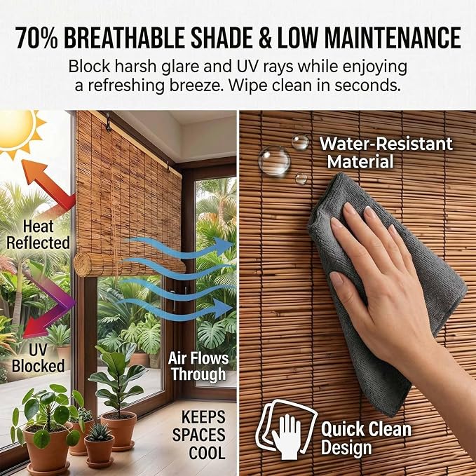 Weatherproof Patio Shades Roll Up Outdoor, 42" 53" 60" 65" 72" Reeds Bamboo Window Blinds, Light Filtering Balcony Privacy Screen and Garden Pergola Sun Protection(34" W x 54" H)