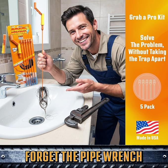 FlexiSnake Pro Drain Weasel Sink Snake Hair Clog Remover Tool, 5 Wands | Sink, Pipe, Bathroom, Bathtub Drain Cleaner, 18-inch Long, Flexible, Removable Handle, Made in The USA