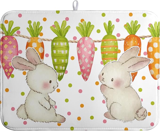Easter Spring Dish Drying Mats Cute Bunny Dish Mat Easter colorful Carrots Drying Matt Dishes Dryer Pad for Kitchen Counter Absorbent Microfiber Washable Foldable Reusable 18x24 in