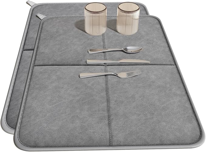 YDKGL 2 Pack PU Leather Dish Drying Mat for Kitchen Counter, Ultra Absorbent & Fast Drying Dish Mat Machine Washable Foldable Drying Pad for Countertops, Sinks, Draining Racks