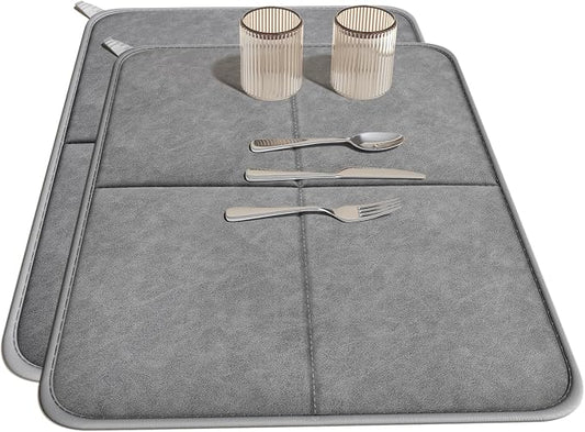 YDKGL 2 Pack PU Leather Dish Drying Mat for Kitchen Counter, Ultra Absorbent & Fast Drying Dish Mat Machine Washable Foldable Drying Pad for Countertops, Sinks, Draining Racks