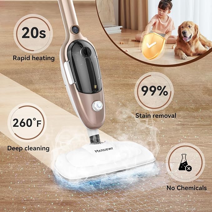 Steam Mop - All-in-one Powerful Handheld Steam Cleaner Detachable Floor Steamer with 11 Accessories, MultiPurpose Steamer for Hardwood Floors, Clothes,Windows,Tiles,Carpet, Whole Home Use(Rose Gold)
