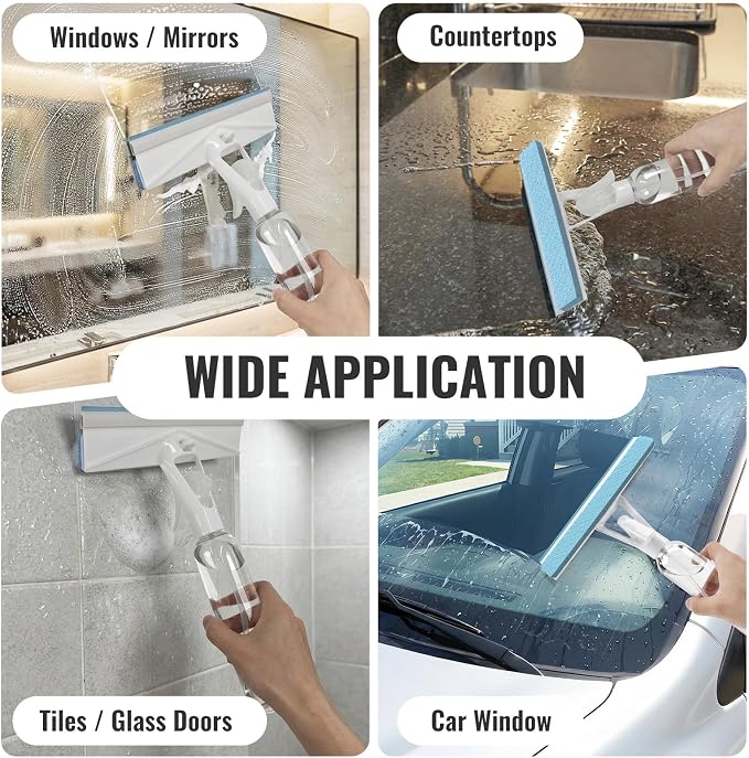 3-in-1 Window Squeegee for Window Cleaning with 300ML Tank & Scrubber | Window Cleaning Kit with Sponge Scrubber, Shower Squeegee for Glass Doors, Mirrors, Windshields, Car Windows & Hanging Hole