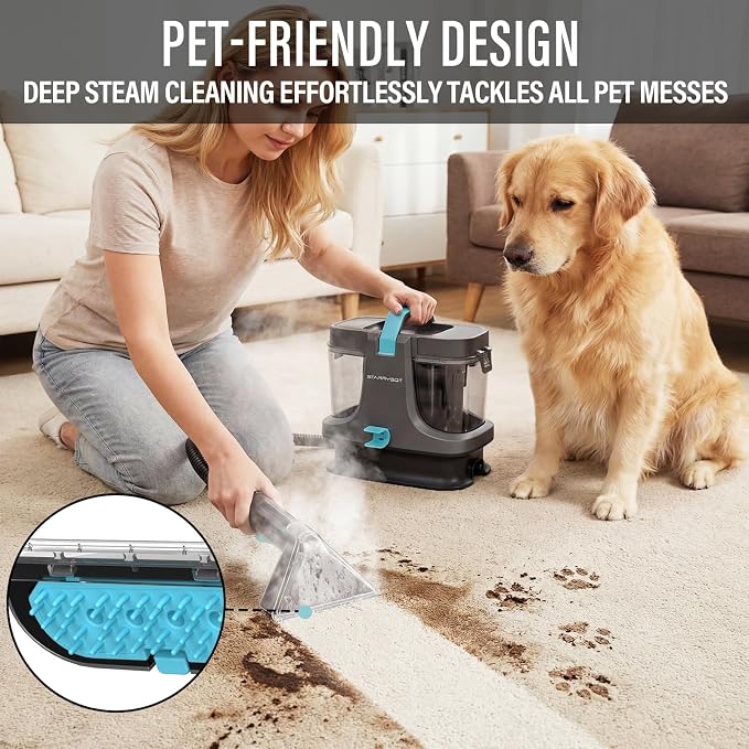 Starrybot Portable Carpet Cleaner with Steam, 18Kpa Spot Cleaner | Steam and heating technology help lift pet messes, couch stains, stair spots, rugs, and furniture dirt.