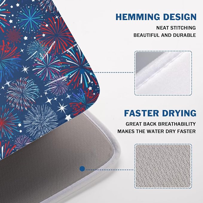 4th of July Patriotic Dish Drying Mat for Kitchen Counter 18 x 24 Inch Independence Day Dish Drainer Mat Absorbent Microfiber Firework Dish Rack Pad for Coffee Dining Bar Decor