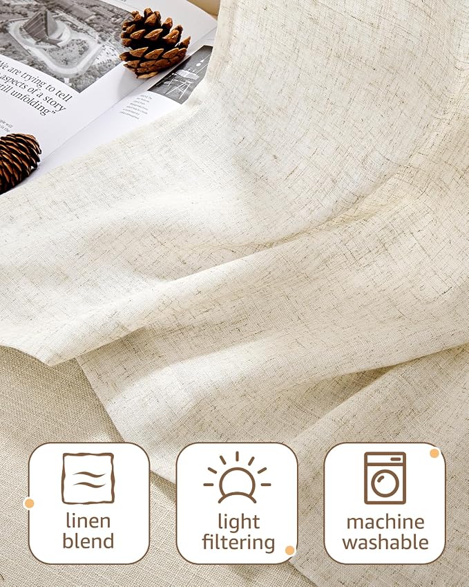 jinchan Rustic Linen Rod Pocket Tier Curtains, 26x30, 2 Panels, Natural | Light filtering, cafe curtains, machine washable, farmhouse, kitchen, bathrooms, laundry, small window, over sink